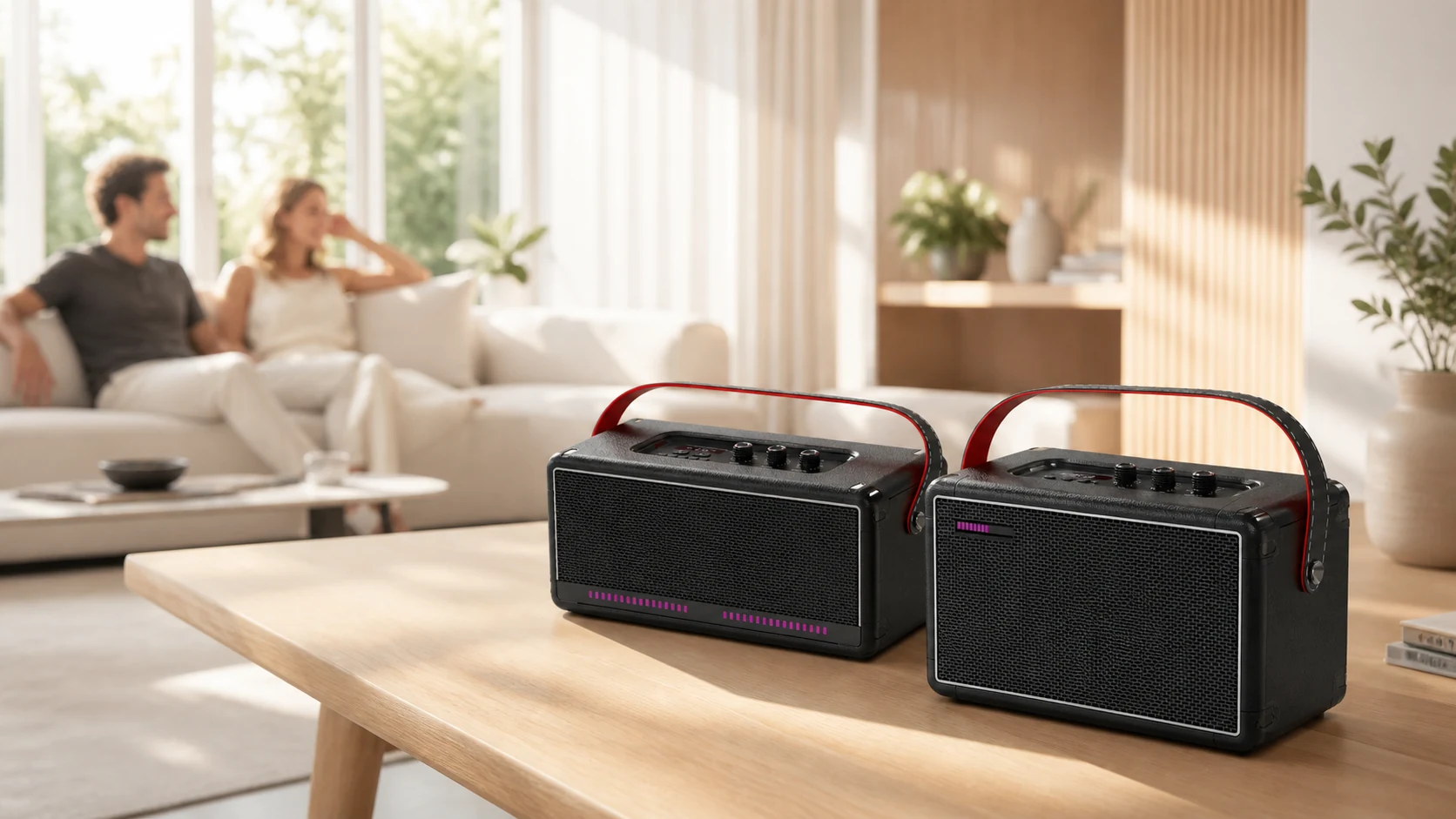 WLS Hi-Fi Bluetooth speakers in a bright living space