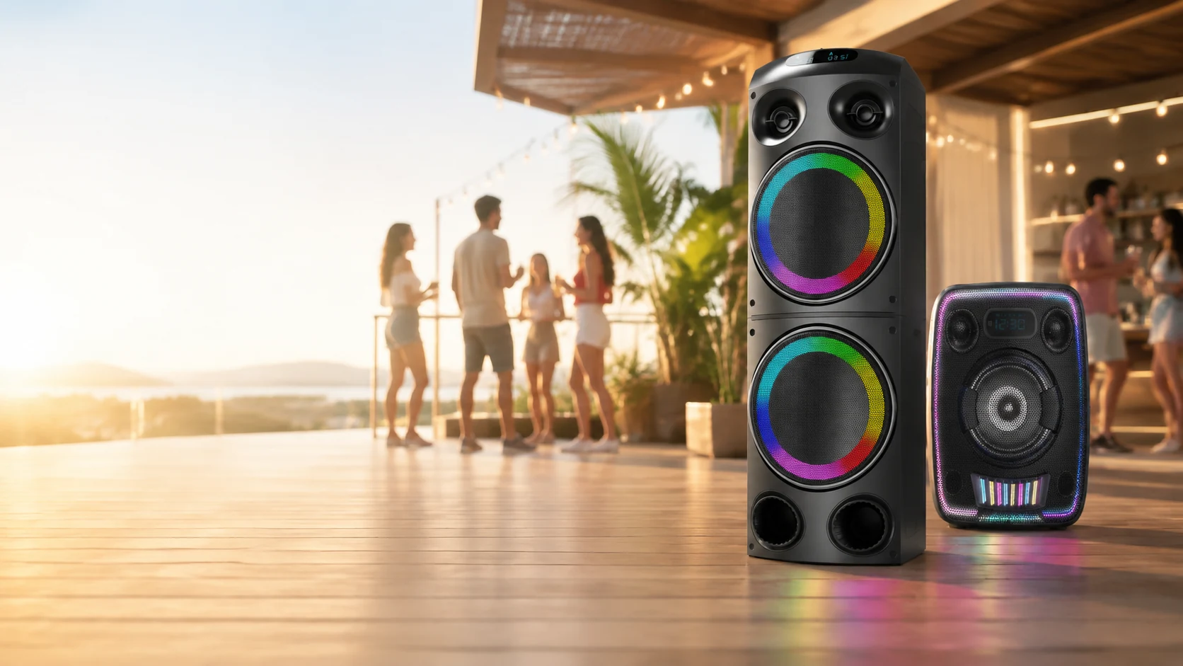 WLS party speakers on a bright terrace