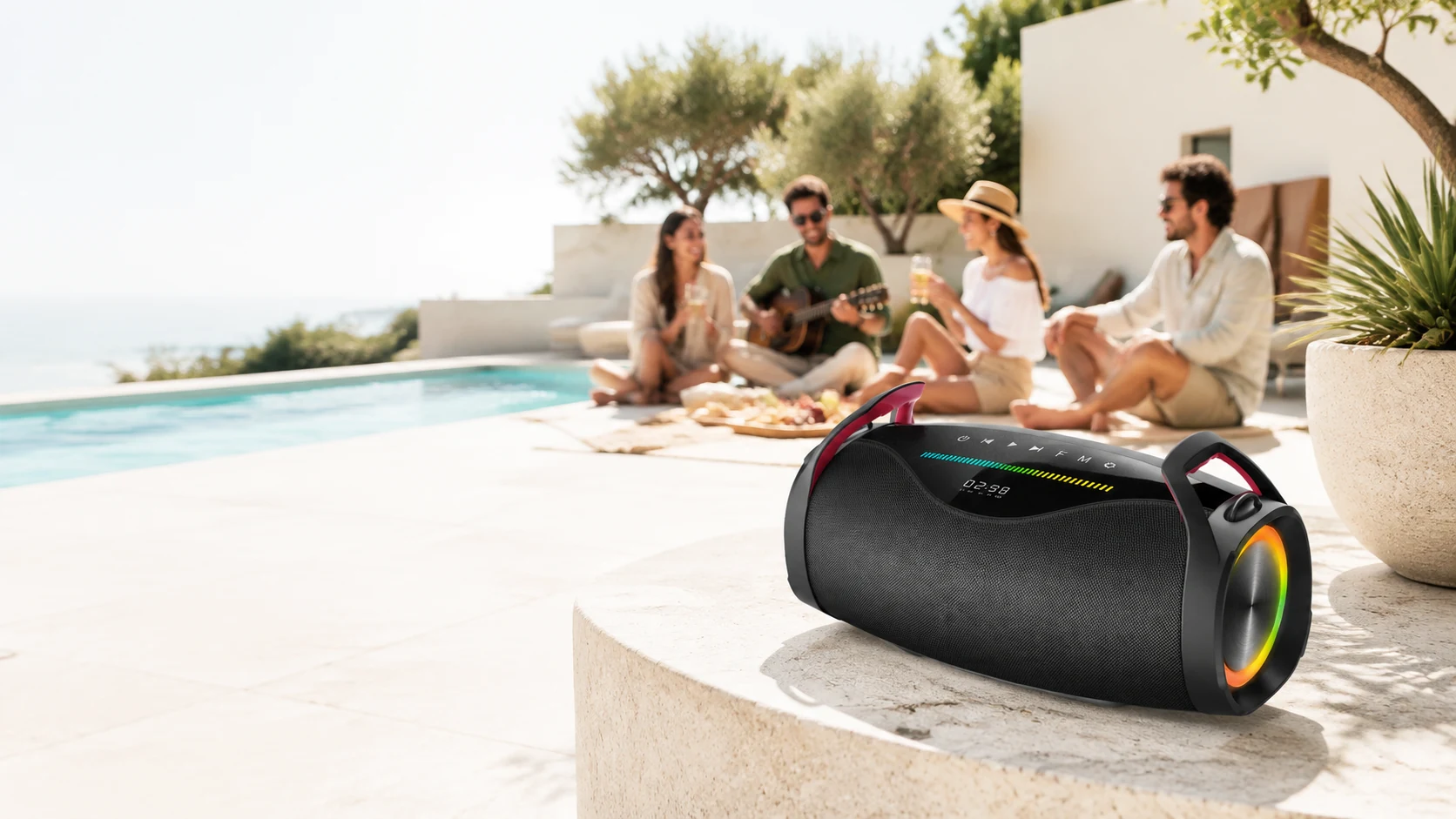 WLS portable Bluetooth speaker beside a pool