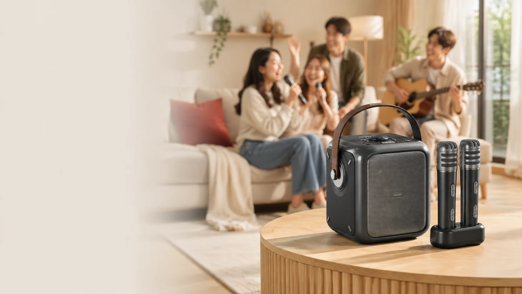 WLS portable karaoke speaker and microphones in a living room