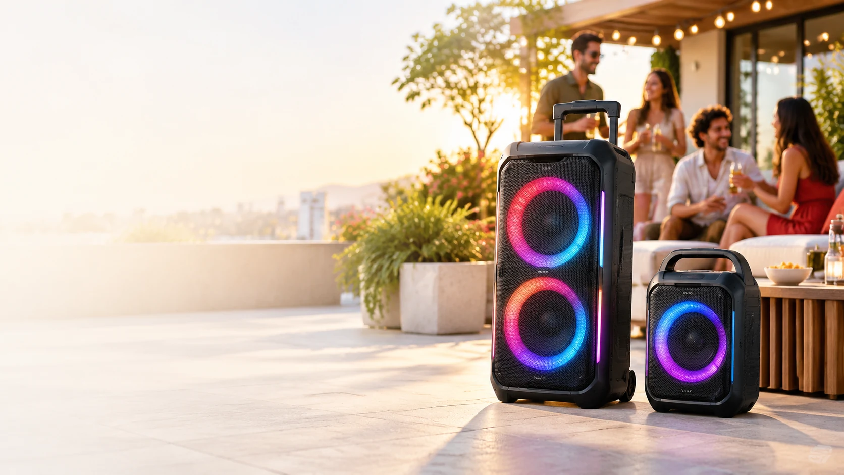 WLS portable party speakers at a rooftop gathering