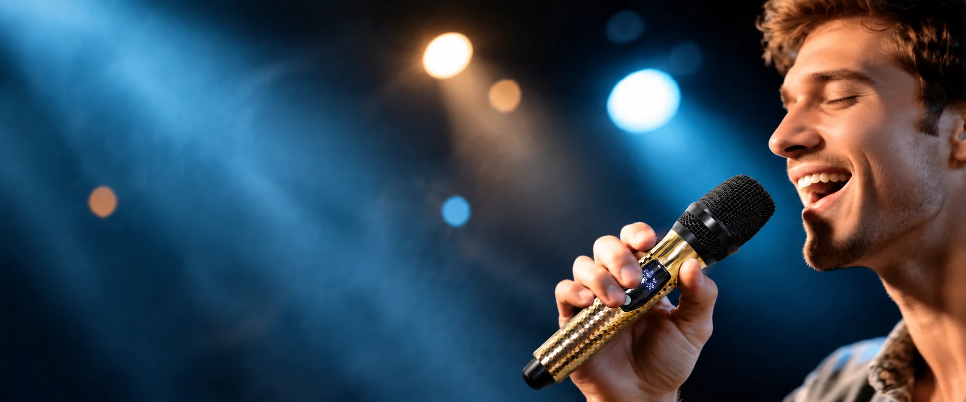 Singer holding a gold wireless microphone against blue stage lighting